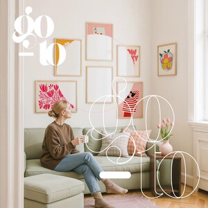 Gallery Wall Mockup With Person, Frame Gallery Mockup Template For Artwork Display, Frame Gallery Wall Mockup, 7 Frames Mockup Gallery Wall image 3
