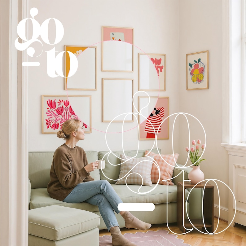 Gallery Wall Mockup With Person, Frame Gallery Mockup Template For Artwork Display, Frame Gallery Wall Mockup, 7 Frames Mockup Gallery Wall image 3