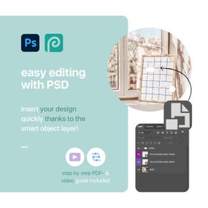 May include: A digital mockup of a framed picture with a grid overlay. The image is set against a background of a window with a view of a city. The image is being edited in Adobe Photoshop using a smart object layer. The text "YOUR DESIGN HERE PAPER" and "YOUR DESIGN HERE MAIN" are visible in the layers panel.