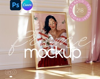 2:3 Gold frame mockup with glass reflection, Gold frame template for canva and photoshop, Frame mockup template in home interior