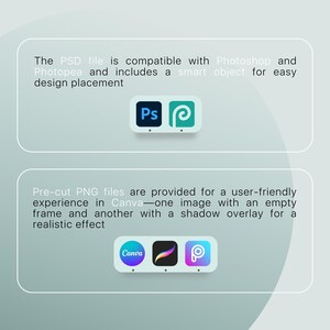 May include: Image showcasing design resources. The top section highlights compatibility with Photoshop and Photopea, featuring their logos. The bottom section mentions pre-cut PNG files for Canva, with its logo and others. The background is a light blue gradient.