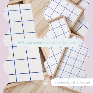 May include: Digital artwork featuring a white grid pattern with blue lines, presented in various shapes and sizes. The text "NO physical frame or artwork included" and "Instant digital download" are also visible.