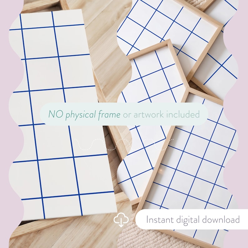 May include: Digital artwork featuring a white grid pattern with blue lines, presented in various shapes and sizes. The text "NO physical frame or artwork included" and "Instant digital download" are also visible.