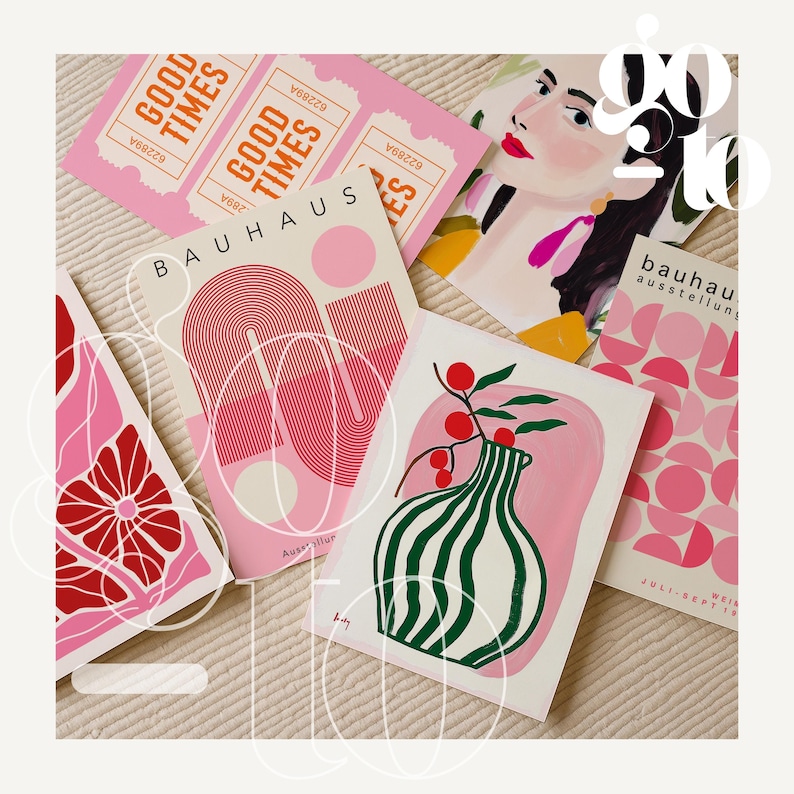 May include: A collection of art prints and tickets with a retro aesthetic. The prints feature abstract designs, a portrait, and a vase with a floral arrangement. The color palette includes pink, red, and green hues. The tickets read "GOOD TIMES".