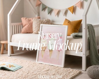 DIN A Vertical Frame Photoshop Mockup Template for Art Display, A2 White Frame in Nursery Kids Room Scene PSD PNG, Photoshop Frame Mockup