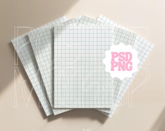 May include: A stack of white notebooks with a grid pattern, arranged on a light beige surface. The notebooks have a light green grid and the text "PSD PNG" in a pink starburst. The number "no. 345" is also visible.