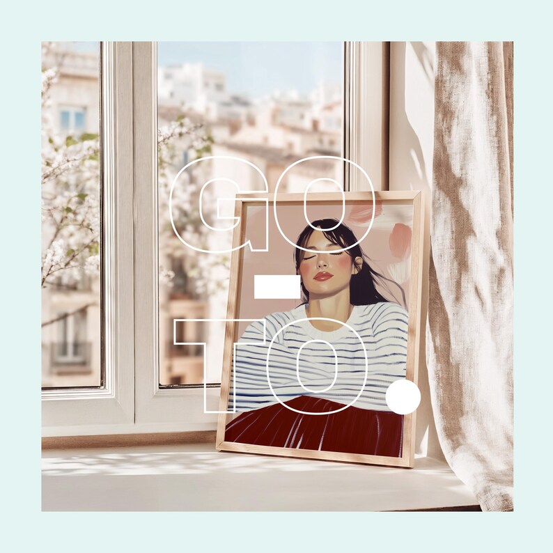 May include: A framed illustration of a woman with long dark hair, wearing a striped shirt and a red skirt. The background is a soft pink with abstract shapes. The word "GO TO" is superimposed over the image in white.