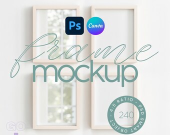 Set of 4 frames mockup with glass reflection, Gallery wall mockup frames, Four frame mockup set, 4 Frames mockup template with PNG & PSD
