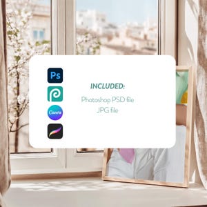 May include: A white card with the text "INCLUDED: Photoshop PSD file JPG file" and icons for Photoshop, Canva, and Procreate.
