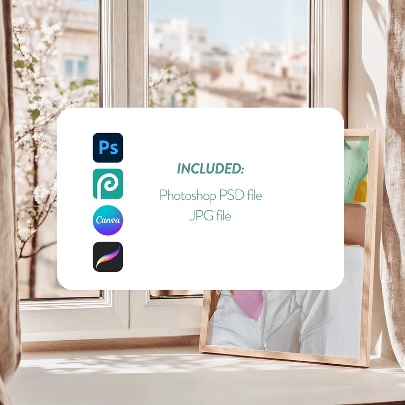 May include: A white card with the text "INCLUDED: Photoshop PSD file JPG file" and icons for Photoshop, Canva, and Procreate.