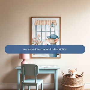 May include: A watercolor illustration of a mouse wearing a blue cap and uniform delivering mail. The mouse is standing in front of a window with a striped awning and flowers. The illustration is framed in a wooden frame.