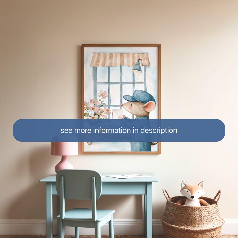May include: A watercolor illustration of a mouse wearing a blue cap and uniform delivering mail. The mouse is standing in front of a window with a striped awning and flowers. The illustration is framed in a wooden frame.
