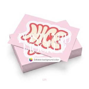 May include: A stack of light pink rectangular postcards featuring a central graphic with the word NICE in cream-colored bubble letters outlined in red. The text POSTCARD MOCKUP and Editable background color are overlaid on the image.