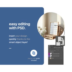 May include: A blue and white gridded poster mockup with a step-by-step guide included. The poster is in a wooden frame and is hanging on a wall in a room with a chair. The poster is easy to edit with a smart object layer.