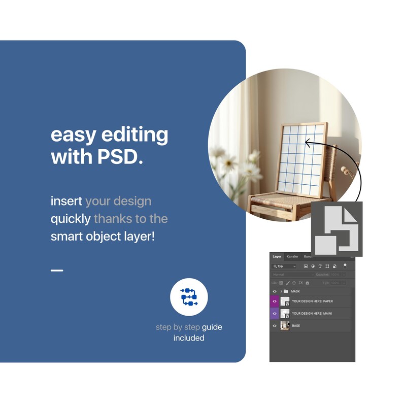 May include: A blue and white gridded poster mockup with a step-by-step guide included. The poster is in a wooden frame and is hanging on a wall in a room with a chair. The poster is easy to edit with a smart object layer.