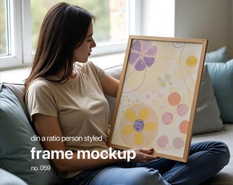 Frame Mockup With Person Holding Frame, Din A Wood Frame Mock Up For Wall Art Display, Person With Frame Mockup Template, Wall Art Template