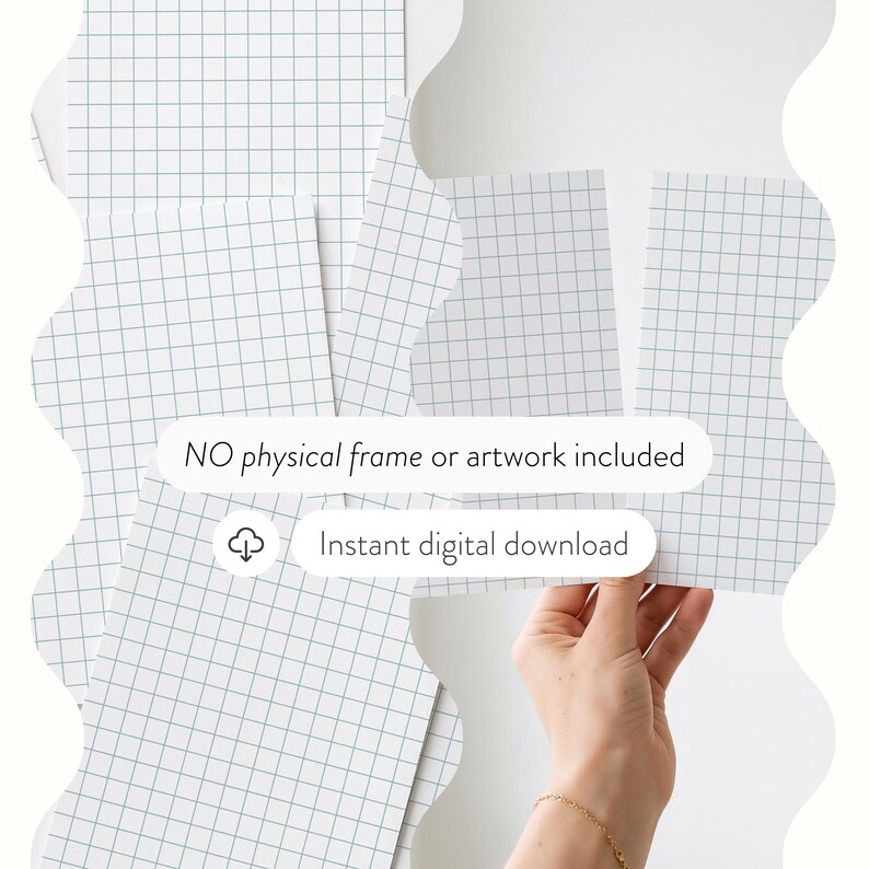 Op de afbeelding: Verschillende vellen wit papier met een lichtblauw rasterpatroon tegen een witte achtergrond. De tekst "NO physical frame or artwork included" en "Instant digital download" zijn zichtbaar.