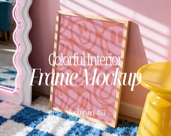 Colorful Interior Frame Mockup: Retro Vertical Oak Frame Template, PSD, PNG