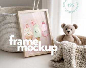 Nursery frame mockup with glass reflection, ISO / Din A frame template for nursery art display, A4 nursery mock up frame, Wood frame mock-up