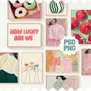 Peut inclure: Plusieurs impressions d'art encadrées présentant diverses illustrations. Les impressions incluent des images de beignets, de formes abstraites, de grenades, de chats et de personnages. Une impression affiche le texte "HOW LUCKY ARE WE" en rose.