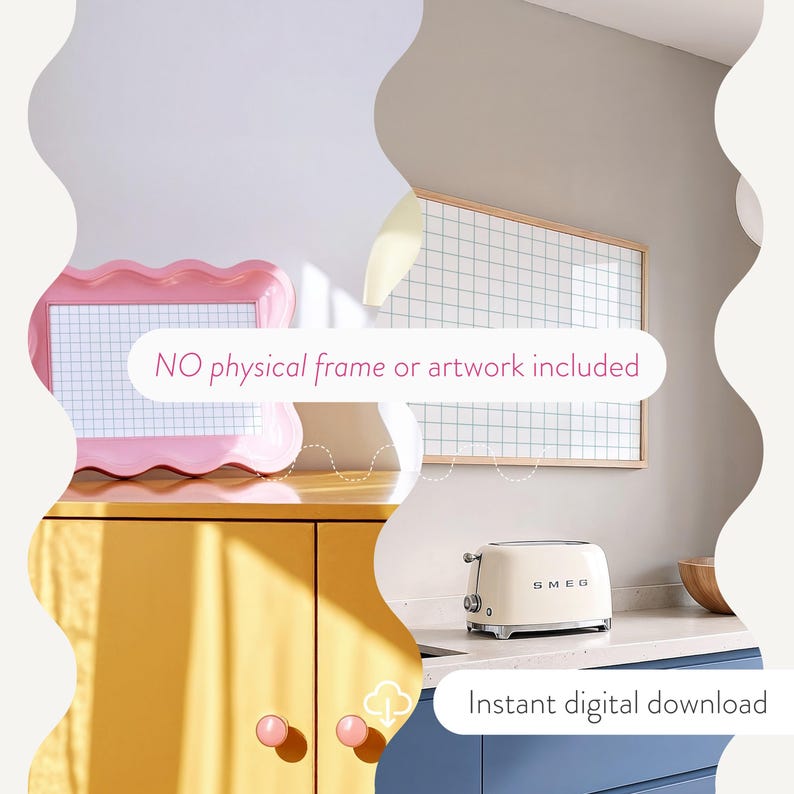 Op de afbeelding: Een roze frame met golvende randen en een kunstwerk met rasterpatroon worden getoond. Een cr&egrave;mekleurige broodrooster staat op een aanrecht. De tekst "NO physical frame or artwork included" en "Instant digital download" zijn zichtbaar.