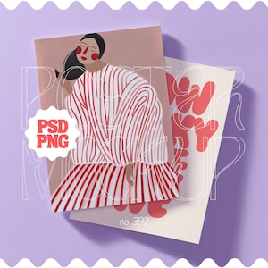 Puede incluir: Ilustración de una mujer con un vestido a rayas rojas y blancas, con peinado negro y acentos rojos en la cara. La imagen incluye el texto "PSD PNG" en una insignia y el número "392".