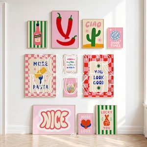 May include: A gallery wall arrangement of eleven rectangular posters featuring colorful graphic illustrations including chili peppers, a cactus, a disco ball, pasta, hearts, and text such as Ciao, More Pasta, You Look Good, Nice, and Lucky You.