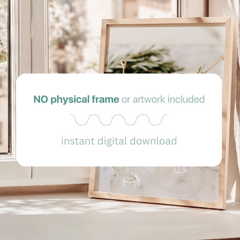 May include: A digital download of a printable art print. The image shows a wooden frame with a blurry image of a plant inside. The text on the white background reads "NO physical frame or artwork included instant digital download".