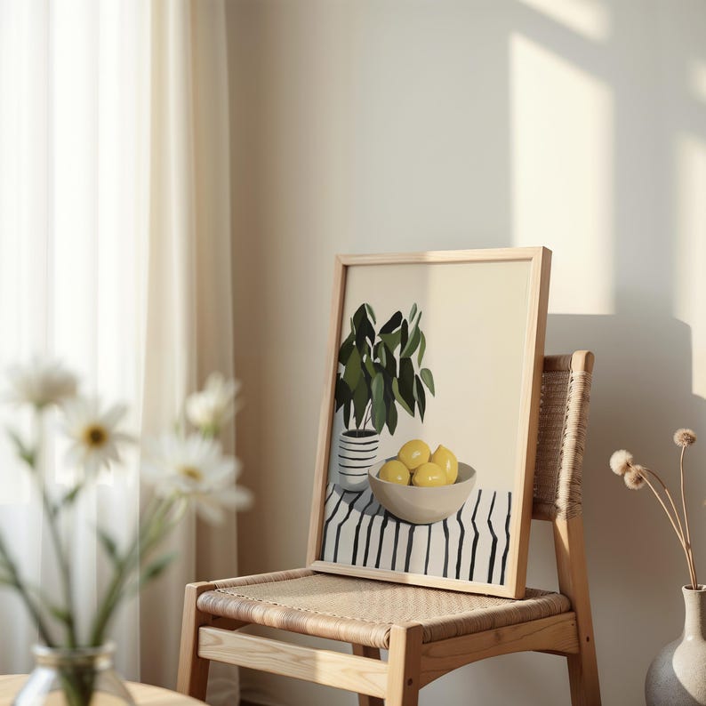 May include: A framed print of a still life featuring a potted lemon tree with yellow lemons in a white bowl on a black and white striped background.