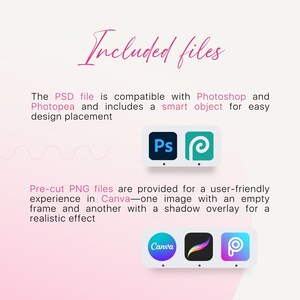 Op de afbeelding: Een afbeelding van grafisch ontwerp met de tekst "Inbegrepen bestanden". De afbeelding bevat de logo's van Photoshop en Photopea, en de logo's van Canva, Procreate en Photopea. De tekst beschrijft de meegeleverde PSD- en PNG-bestanden.