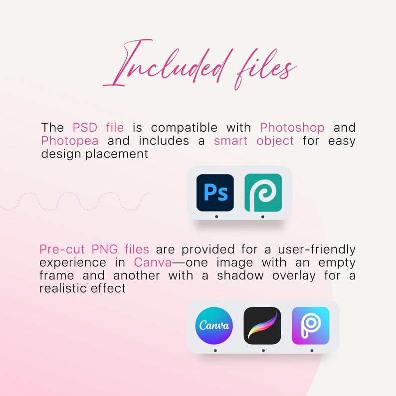 Op de afbeelding: Een afbeelding van grafisch ontwerp met de tekst "Inbegrepen bestanden". De afbeelding bevat de logo's van Photoshop en Photopea, en de logo's van Canva, Procreate en Photopea. De tekst beschrijft de meegeleverde PSD- en PNG-bestanden.