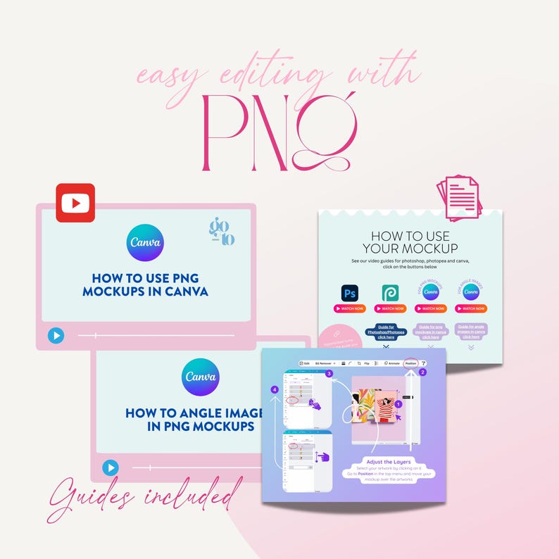 Op de afbeelding: Afbeelding met de tekst "easy editing with PNG" en "Guides included". De afbeelding toont mockups en videogidsen voor het gebruik van PNG-mockups in Canva, met instructies over het kantelen van afbeeldingen en het gebruik van de mockups.