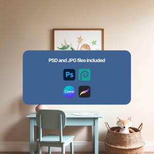May include: A blue desk with a white chair and a wicker basket with a stuffed fox. The text "PSD and JPG files included" is displayed on a blue rectangle. The rectangle also shows icons for Photoshop, Canva, and Procreate.