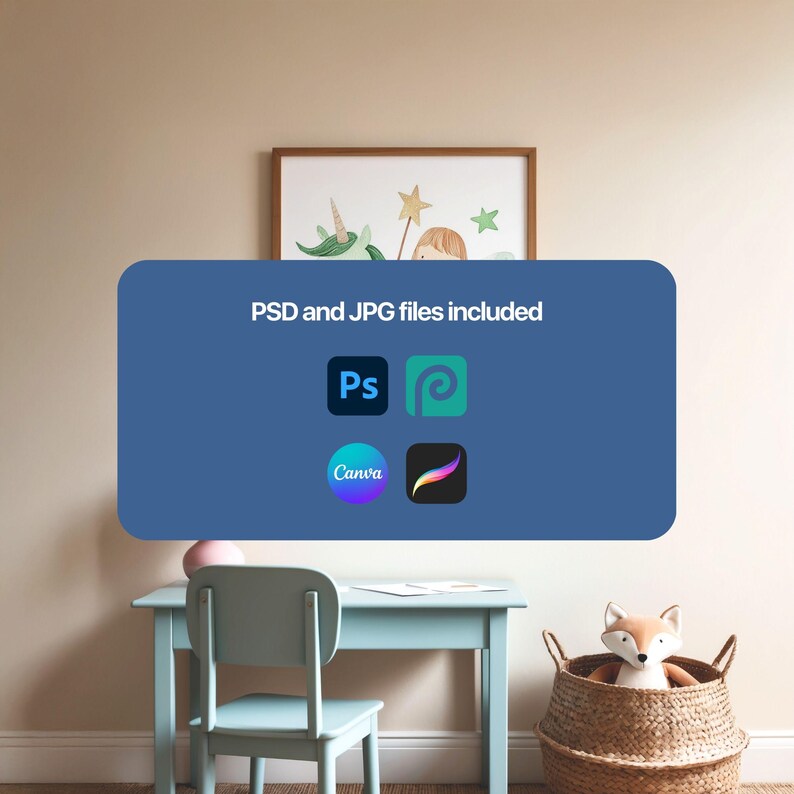 May include: A blue desk with a white chair and a wicker basket with a stuffed fox. The text "PSD and JPG files included" is displayed on a blue rectangle. The rectangle also shows icons for Photoshop, Canva, and Procreate.