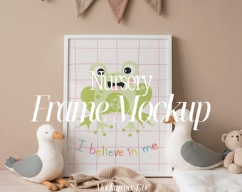 Japandi Boho Nursery Frame Mockup: White Vertical Frame Template (PSD, PNG)