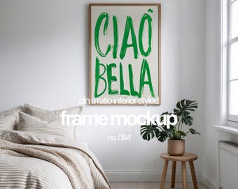 Bedroom Interior Frame Mockup Din A Ratio, Din A Frame Mockup In Bedroom, Thin Wood Frame Mockup Template For Wall Art, Art Mock Up Frame