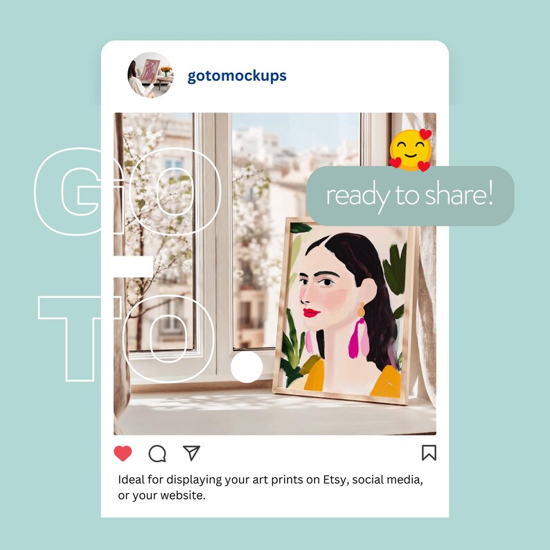 May include: A framed illustration of a woman with a colourful floral background. The frame is on a white windowsill with a view of a city outside the window. The text "ready to share!" is in a speech bubble above the frame.