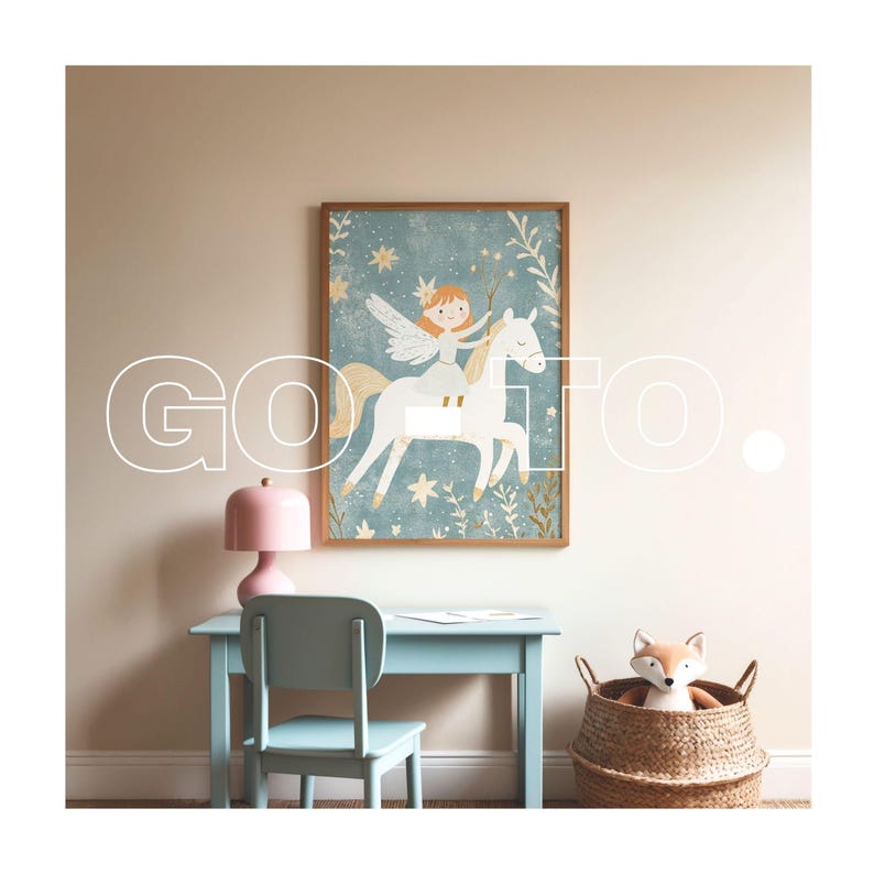 May include: A framed illustration of a girl with wings riding a white horse against a blue background with stars and flowers. The illustration is in a wooden frame and is hanging on a light beige wall.