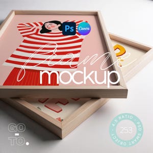 Op de afbeelding: Een mockup van een houten frame met een roze achtergrond en een kleurrijke illustratie van een persoon die een rood-wit gestreepte trui draagt. De tekst "frame mockup" is in wit op het frame geschreven.