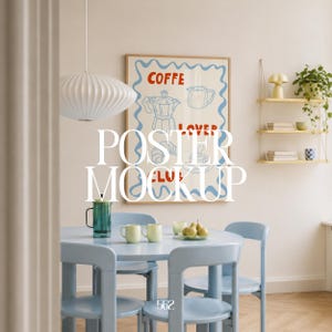 May include: A light blue dining set with a round table and four chairs. A poster with the words "COFFEE LOVER CLUB" hangs on the wall. The scene includes a glass pitcher, mugs, and a decorative shelf with plants.