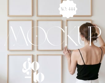 Gallery Wall Mockup With Person: Set of 8 frames, Thin wood frames, Art gallery mockup (PSD, PNG & JPG)