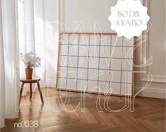 May include: A framed artwork with a blue and white grid pattern, hanging on a white wall in a room with hardwood floors. The text "ISO DIN A RATIO" is visible in a circle above the artwork. The text "no. 038" is visible in the lower left corner of the image.