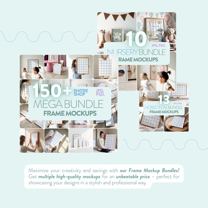 May include: A collage of images showcasing 150+ frame mockups for use in digital design. The mockups feature various frames in different sizes and styles, with some images showing the frames in a nursery setting, while others show them in a more modern setting. The text "150+ MEGA BUNDLE FRAME MOCKUPS" is displayed in the center of the collage.