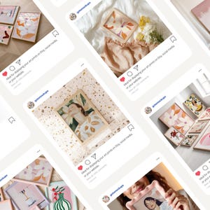 K&ouml;nnte beinhalten: Mockup eines Social-Media-Posts mit einer gerahmten Illustration einer Frau mit Blumen. Der Beitrag ist ideal f&uuml;r die Pr&auml;sentation von Kunstdrucken auf Etsy, Social Media oder einer Website. Der Text auf dem Beitrag lautet "Ideal f&uuml;r die Pr&auml;sentation Ihrer Kunstdrucke auf Etsy, Social Media oder Ihrer Website. Alle 1205 Kommentare anzeigen"