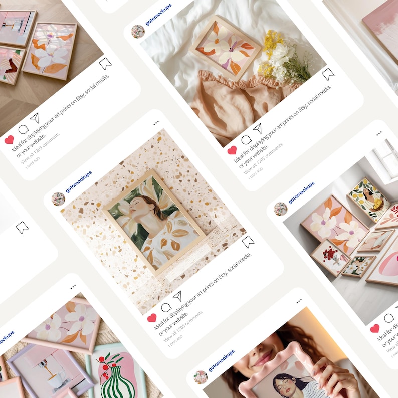 K&ouml;nnte beinhalten: Mockup eines Social-Media-Posts mit einer gerahmten Illustration einer Frau mit Blumen. Der Beitrag ist ideal f&uuml;r die Pr&auml;sentation von Kunstdrucken auf Etsy, Social Media oder einer Website. Der Text auf dem Beitrag lautet "Ideal f&uuml;r die Pr&auml;sentation Ihrer Kunstdrucke auf Etsy, Social Media oder Ihrer Website. Alle 1205 Kommentare anzeigen"