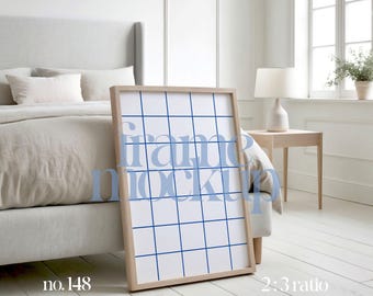 Interior Frame Mockup In Bedroom, Thin Wood Frame Mockup Template For Wall Art Display, Bedroom Frame Mockup For Artwork Display, PSD & JPG