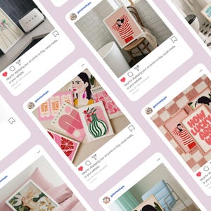 May include: A collection of art prints displayed in mockups, showcasing various designs. The prints feature illustrations of figures, vases, and text, with a color palette of pink, red, and green. The mockups are presented on a light pink background.