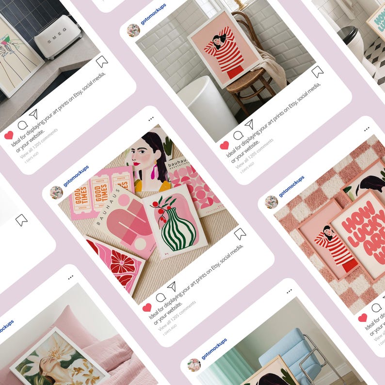 May include: A collection of art prints displayed in mockups, showcasing various designs. The prints feature illustrations of figures, vases, and text, with a color palette of pink, red, and green. The mockups are presented on a light pink background.