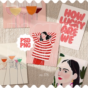 Puede incluir: Una colección de láminas artísticas con ilustraciones de copas de vino, cócteles y una mujer con un suéter a rayas rojas y blancas. Una lámina dice "How Lucky Are We". Las láminas son en tonos rosa, rojo y blanco.
