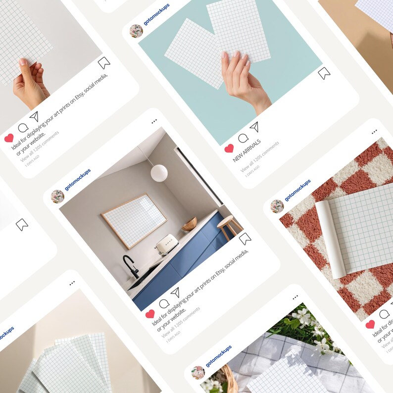 Op de afbeelding: Een verzameling mockups met ruitjespapier in verschillende omgevingen. De afbeeldingen worden weergegeven in Instagram-achtige frames, met kunstafdrukken in een thuisomgeving, vastgehouden door handen en opgerold op een kleed. De tekst luidt: "Ideaal voor het weergeven van uw kunstdrukken op Etsy, sociale media of uw website."